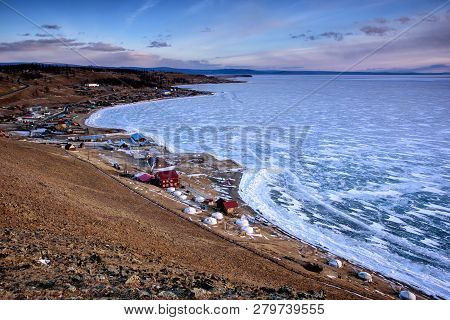 Winter Landscape Of Mongolia. Frozen Lake Khubsugul
