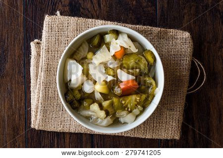 Mix Of Turkish Pickles With Hot Green Pepper, Cabbage, Sauerkraut, Carrot And Cucumber In Bowl.
