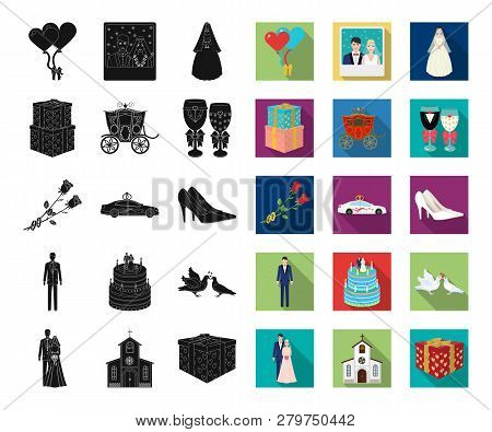 Wedding And Attributes Black, Flat Icons In Set Collection For Design. Newlyweds And Accessories Vec