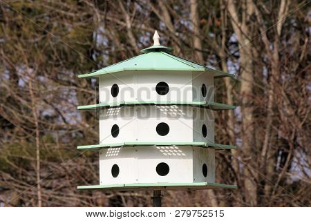 Large Apartment Sized Bird House Mounted On A Steel Pipe Near A Woodlot.