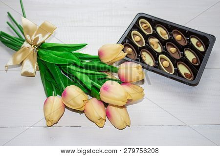Tulips With Candy. Valentines Day Background For Congratulations, Greeting Cards