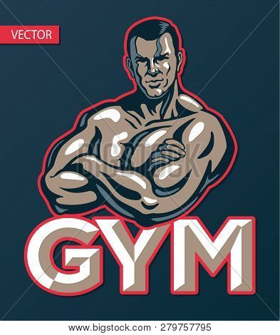 Bodybuilder Man Posing, Gym Sport Club Logo Design Template, Print Or Poster. Dark Blue Backgound. V