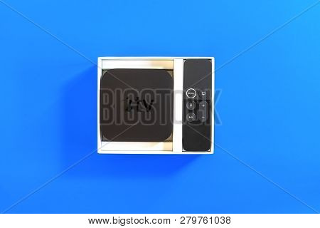 Rostov-on-don, Russia - December 20, 2018: Apple Tv With Remote Control In Box