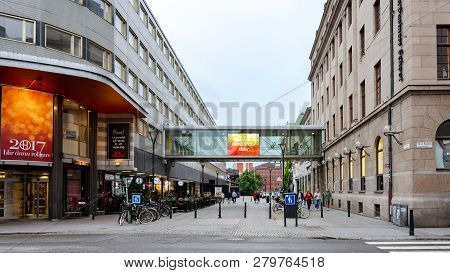 Malmo, Sweden - July 25, 2017:  Panoramic View Of Stora Nygatan And Malmborgsgatan Street In The Cen