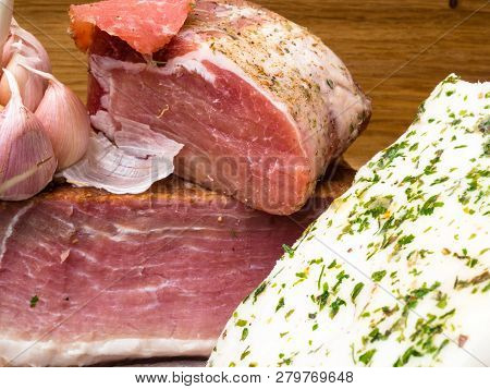 Chunks Of Salted Bacon Jerky Healthy Food With Pranami Spices And Herbs. Fat, Lard, Ham,