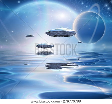 Exosolar Planets Rise over quiet waters. Spacecrafts. 3D rendering