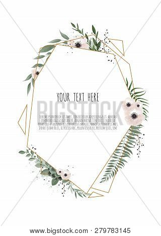 Floral Wreath With Green Eucalyptus Leaves, Flower Rose, Anemone . Frame Border With Copy Space.