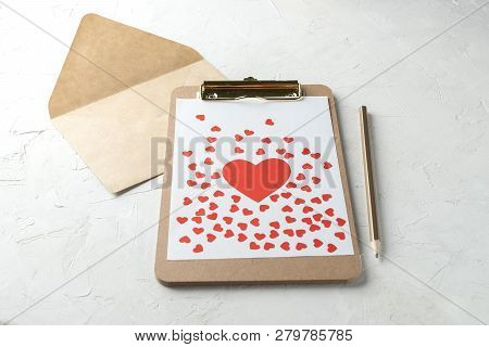 Valentines Day Minimal Concept Mockup, Blogger Workspace - Clipboard With Blank Paper, Red Paper Hea