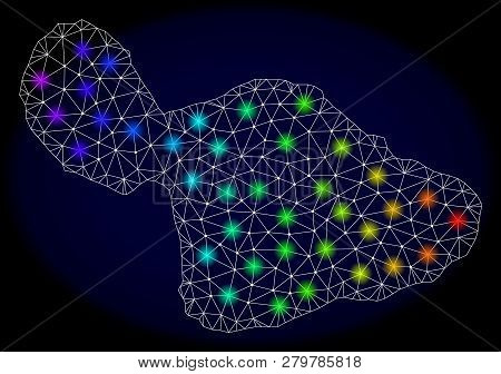 Mesh Vector Map Of Maui Island With Glare Effect On A Dark Background. Light Spots Have Bright Spect