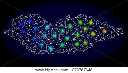 Mesh Vector Map Of Socotra Island With Glare Effect On A Dark Background. Light Spots Have Bright Ra