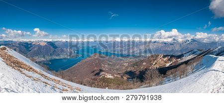 Panoramic View Of Lake Como And Surrounding Mountains As Seen From Monte San Primo Summit, Lombardy,