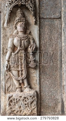 Belur, Karnataka, India - November 2, 2013: Chennakeshava Temple Building. Brown Stone Sculpture Of 