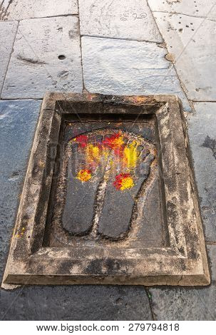 Belur, Karnataka, India - November 2, 2013: Chennakeshava Temple. Sacred Footprints Of Lord Kesava P