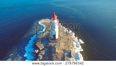 Aerial Photography Tokarev Lighthouse On The Background Of The Blue Sea. Vladivostok, Russia.