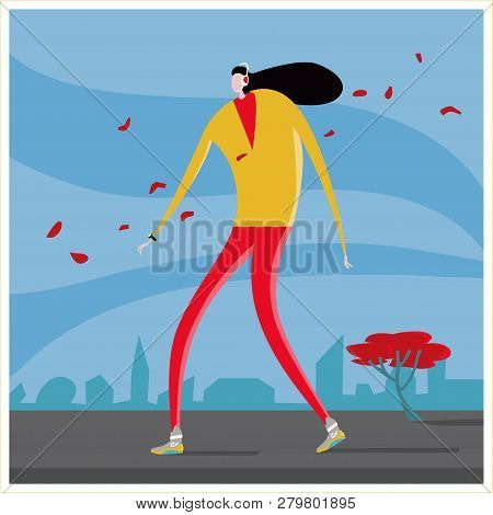 Fallen Leaves, Woman With Heaphones Walking In The Street Geek Musical Woman Walking On Road At City