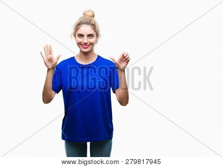 Young beautiful blonde and blue eyes woman wearing blue t-shirt over isolated background showing and pointing up with fingers number six while smiling confident and happy.