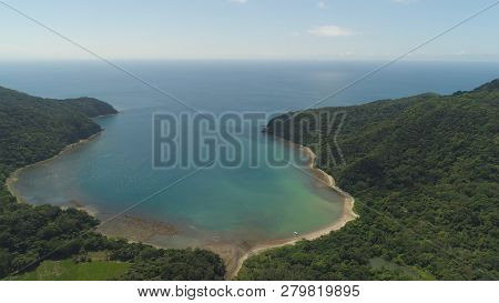 Aerial View Of Tropical Beach In Bay With Turquoise Water. Siwangag Cove. Coast Of Tropical Island P