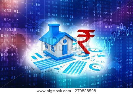 3d Rendering Real Estate Industry, House On Indian Rupee. House With Rupee Symbol. Real Estate Conce