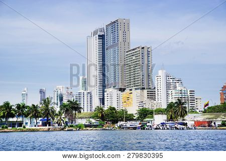 CARTAGENA, COLOMBIA - AUGUST 10, 2018: Cityscape of modern Cartagena, famous resort in Colombia, South America