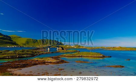 Landscape Panoramic View To Fredvang Bridge, Torvoya And Buoya Islands And Hovdanvika Bay At Lofoten