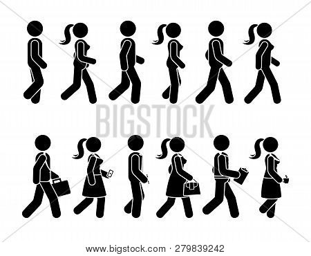 Stick Figure Walking Man And Woman Vector Icon Set. Group Of People Moving Forward Sequence Pictogra
