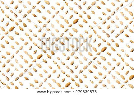 A Collection Of Peeled Almonds Badam  Lie In Straight Rows Along Dioganals On An Isolated White Back
