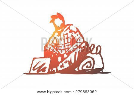 Beggar, Poor, Asking, Sad, Tramp Concept. Hand Drawn Beggar Asking For Money And Help On Street Conc