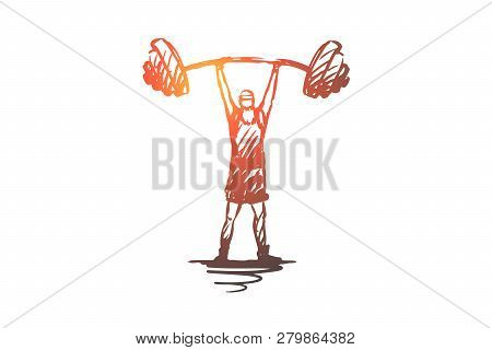 Old, Man, Barbell, Weight, Strong Concept. Hand Drawn Old Mature Man With Barbell Concept Sketch. Is