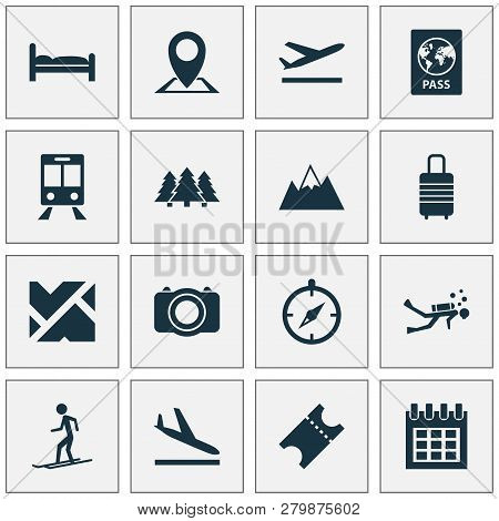 Traveling Icons Set With Calendar, Mountains, Bed And Other Doss Elements. Isolated  Illustration Tr