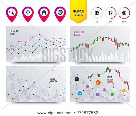 Financial Planning Charts. Magnifier Glass And Globe Search Icons. Fullscreen Arrows And Binocular S