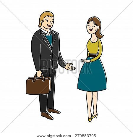 Chatting People. Man And Woman Are Having A Conversation. Small Talk. Office Business Concept
