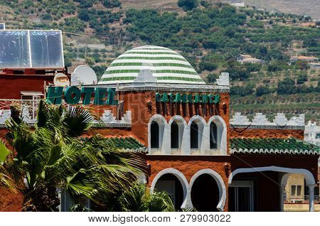 Almunecar, Spain - June 8, 2018 View Of The Tourist Town Of Almunecar On The Costa Tropical In Spain