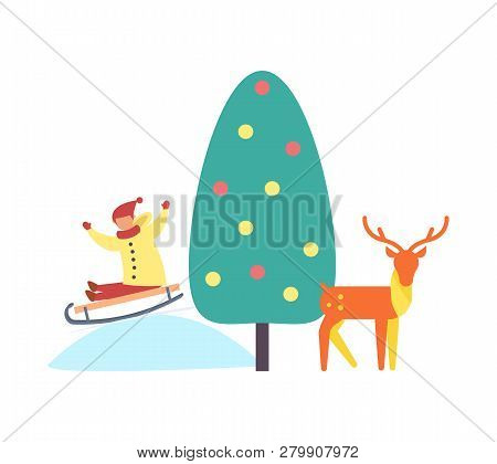 Christmas Tree Reindeer Kid On Slope Vector. Evergreen Pine Decorated With Balls And Garlands Toys. 