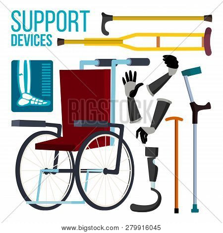Support Devices Vector. Wheelchair. Amputation Prosthesis. Isolated Flat Cartoon Illustration