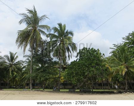 Anyer, Indonesia - June 26, 2018: Beach Bungalows On Sambolo Beach.