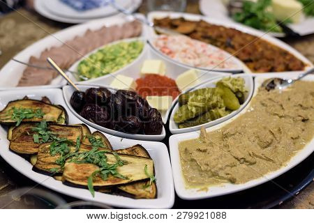 Mix Of Different Snacks And Appetizers.  Tapas Bar.