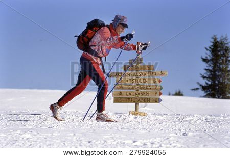 Gala, Norway- February 07,2017: Norway A Single Langlaufer Tracking Through The Snowfields, Near A S