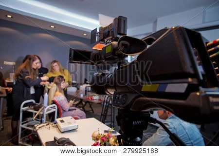 Makeup Cosmetic At Home. Focus On Tripod Mounted Video Camera Screen Showing . In Front Of The Camer