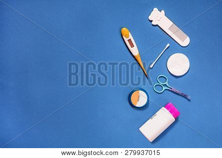 Accessory For The Care Of A Newborn, Scissors, Comb, Cream, Powder, Thermometer, Stick, Cotton Wool,