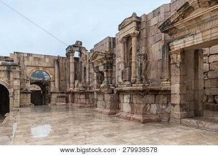 Jerash, Jordan, December 08, 2018 : Remnants Of The Scene Of Southern Theatre In The Great Roman Cit