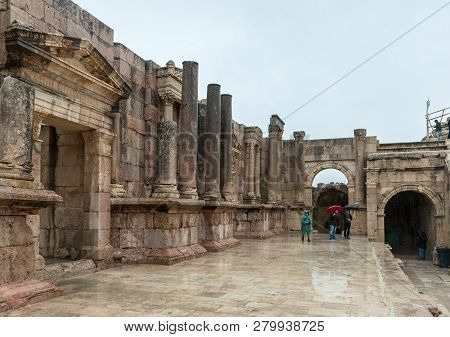 Jerash, Jordan, December 08, 2018 : Remnants Of The Scene Of Southern Theatre In The Great Roman Cit