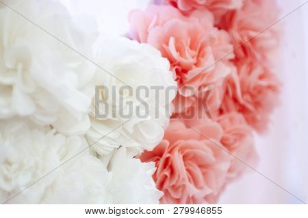 Soft Color Roses Background. Artificial Flowers In The Scenery.