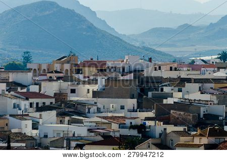 Antas, Spain - January 18, 2019 Top View Of The Roofs Of Buildings In A Small Town In Andalusia, Typ