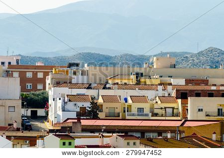 Antas, Spain - January 18, 2019 Top View Of The Roofs Of Buildings In A Small Town In Andalusia, Typ