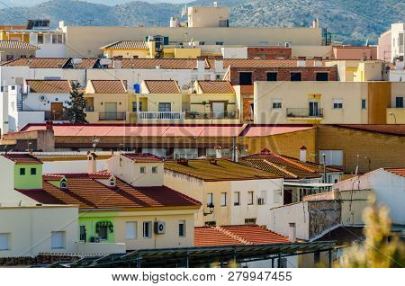 Antas, Spain - January 18, 2019 Top View Of The Roofs Of Buildings In A Small Town In Andalusia, Typ