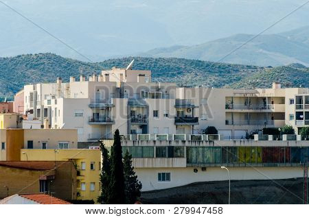 Antas, Spain - January 18, 2019 Top View Of The Roofs Of Buildings In A Small Town In Andalusia, Typ