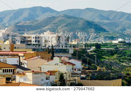 Antas, Spain - January 18, 2019 Top View Of The Roofs Of Buildings In A Small Town In Andalusia, Typ