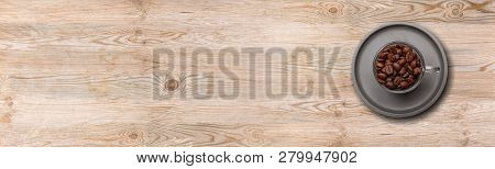 Coffee Cup And Beans On Wooden Background, Banner