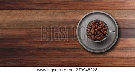 Coffee Cup And Beans On Wooden Background, Copy Space