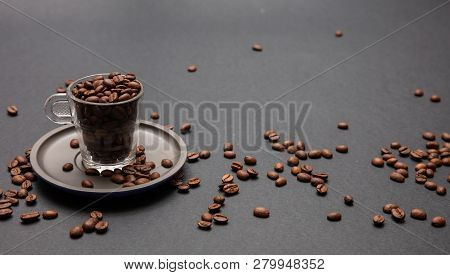 Coffee Cup And Beans On Black Background, Copy Space
